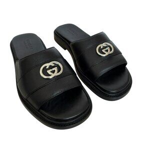GUCCI 777849 MEN'S BLACK LEATHER INTERLOCKING G SLIDE SANDALS, Gucci sz 7.5 (US)
